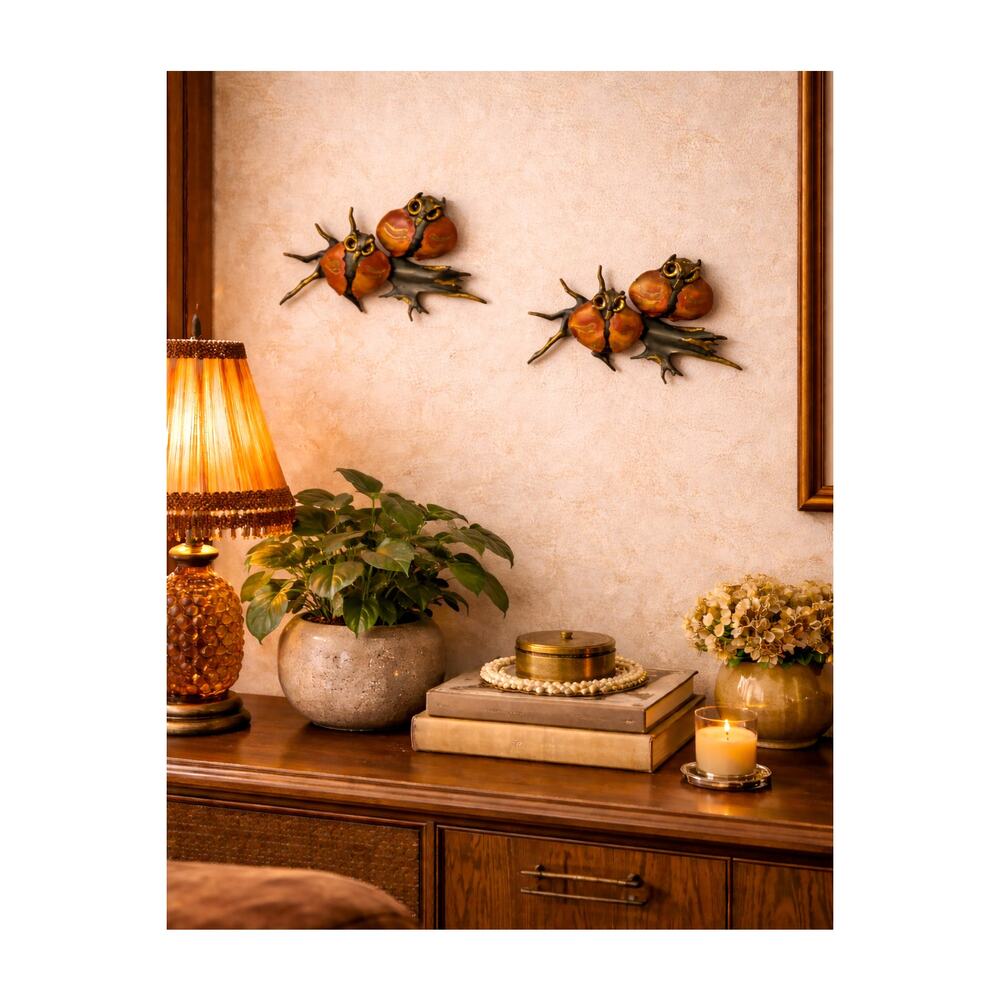 Vintage 2 Pc Owls Branch Wall Sculpture Art MCM Boho Art 1960s 1970s Hippie